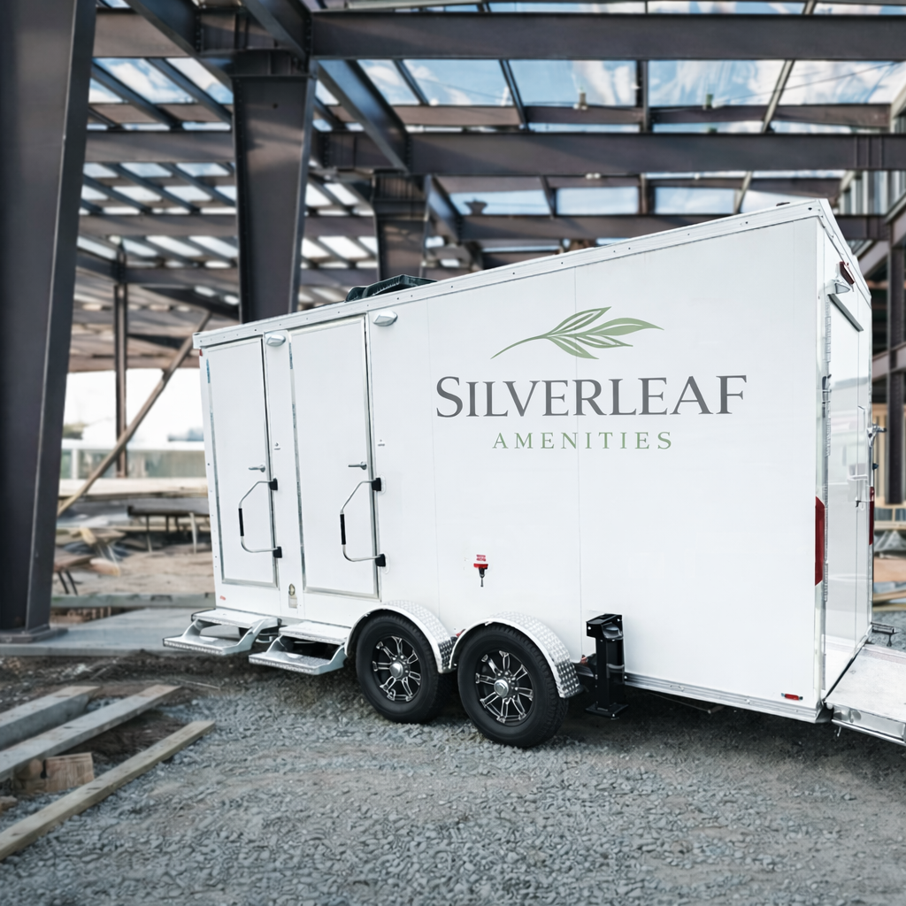 Luxury restroom trailer with dual entry doors and steps positioned at a construction site under a steel frame structure.