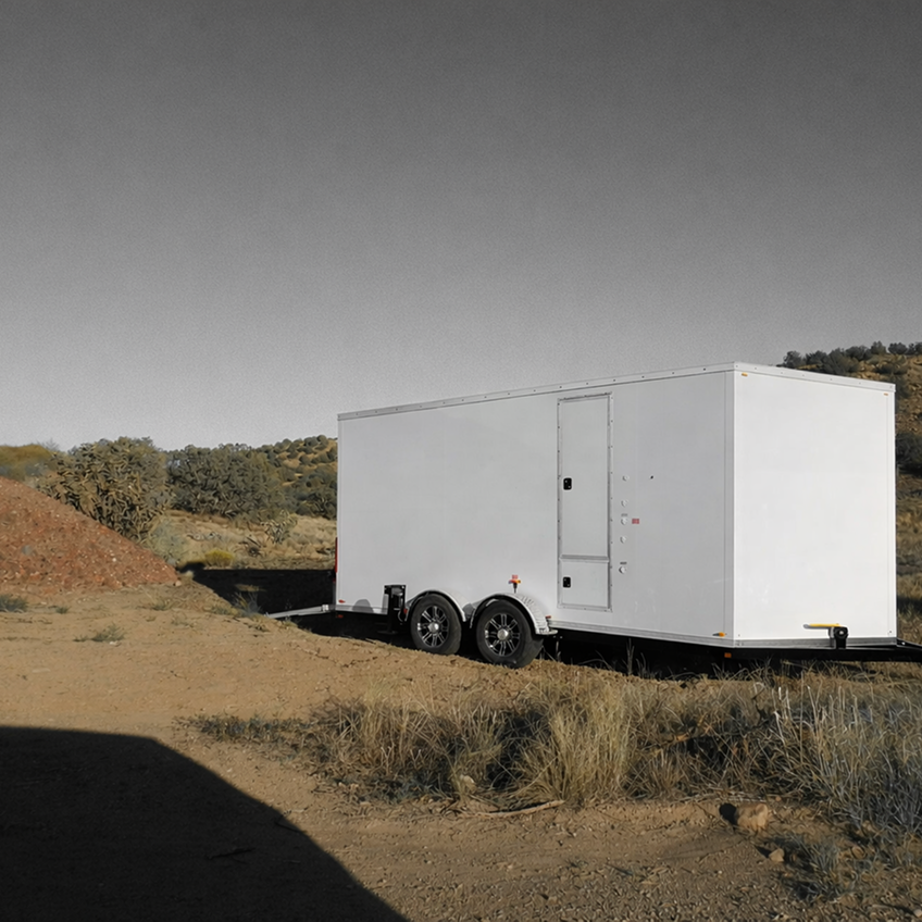 White luxury restroom trailer placed in a remote rural landscape with dry terrain and open sky background.