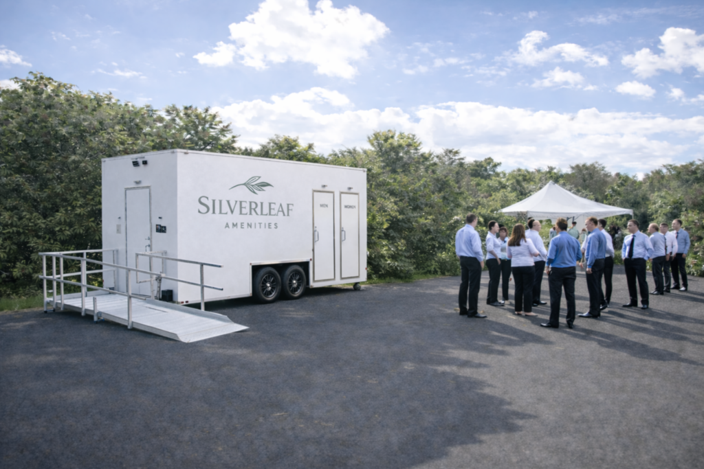 Business professionals near mobile restroom trailer