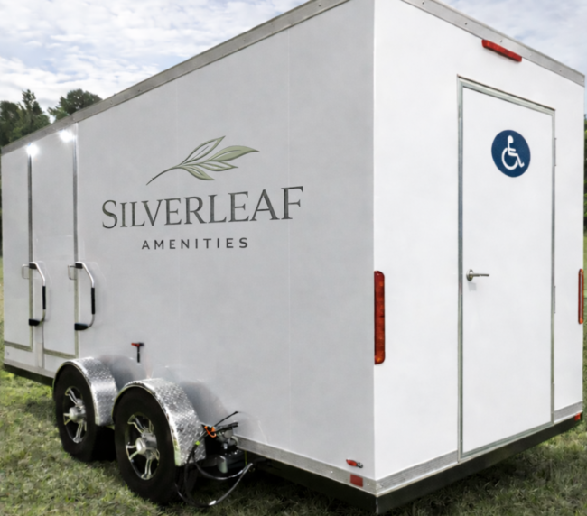 Luxury ADA compliant portable restroom trailer for weddings and outdoor events