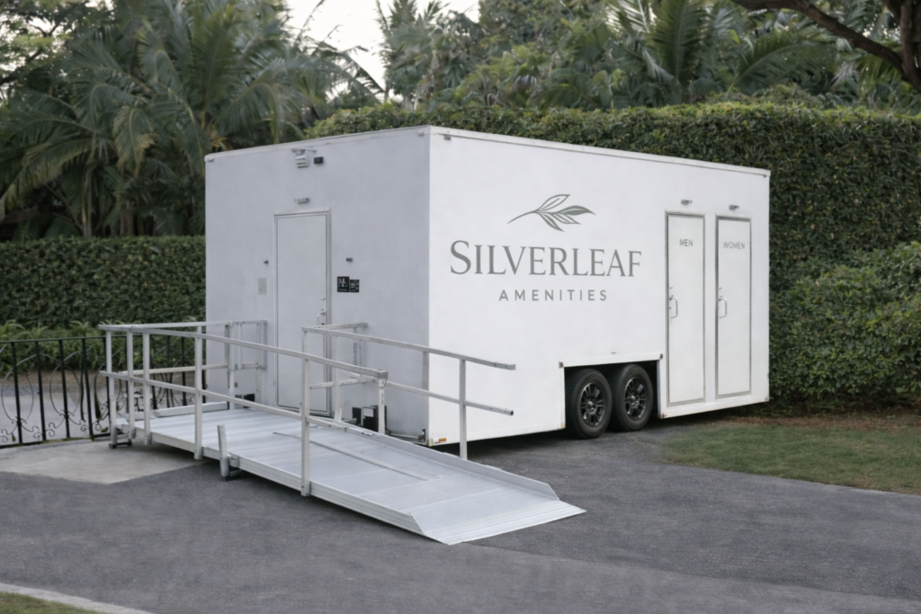 Silverleaf Amenity ADA accessible luxury restroom trailer with ramp set up for events in Colorado