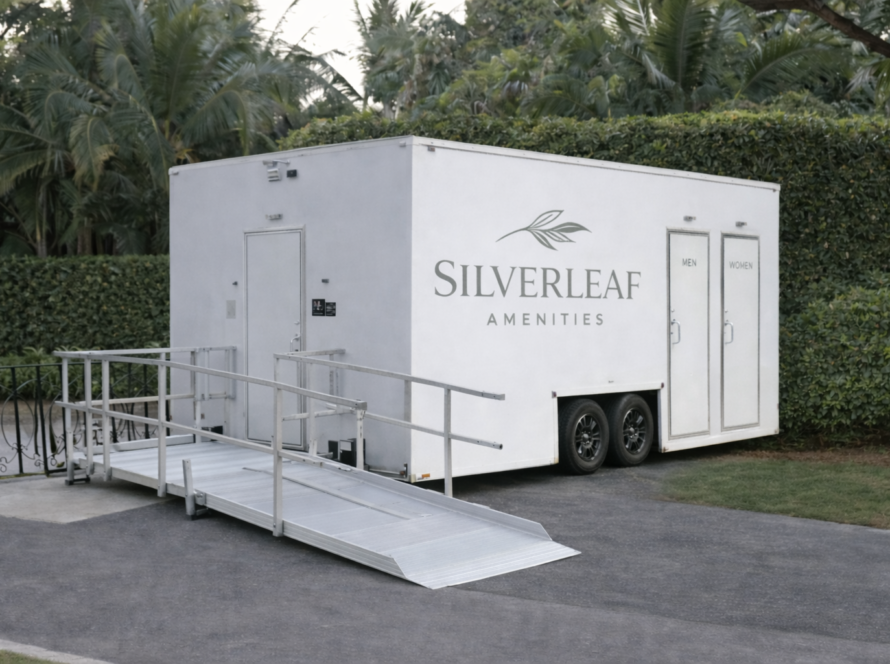 Silverleaf Amenity ADA accessible luxury restroom trailer with ramp set up for events in Colorado