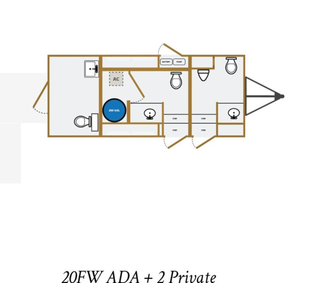 Floor plan of a 20-foot restroom trailer with ADA-compliant restroom and two private stalls, designed for events and guest comfort.