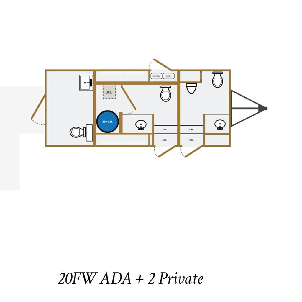 Floor plan of a 20-foot restroom trailer with ADA-compliant restroom and two private stalls, designed for events and guest comfort.