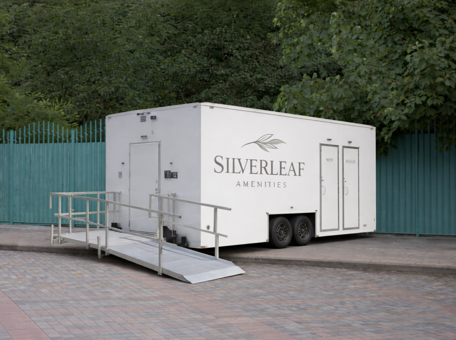 Silverleaf Amenity ADA accessible luxury restroom trailer with ramp set up for events in Colorado