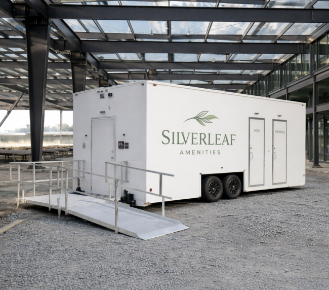 Modern construction site with restroom trailer