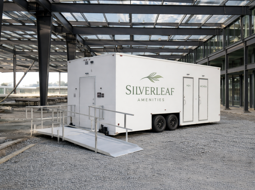Modern construction site with restroom trailer