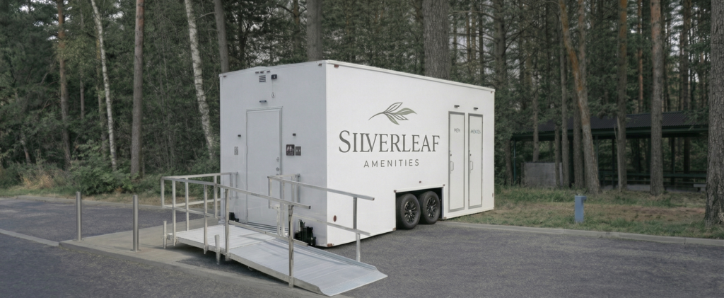 Luxury ADA-compliant restroom trailer with ramp by Silverleaf Amenities, available for events and job sites across Colorado