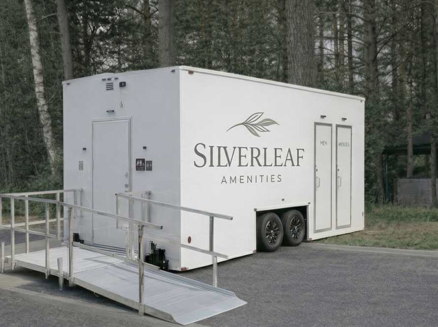 Luxury ADA-compliant restroom trailer with ramp by Silverleaf Amenities, available for events and job sites across Colorado
