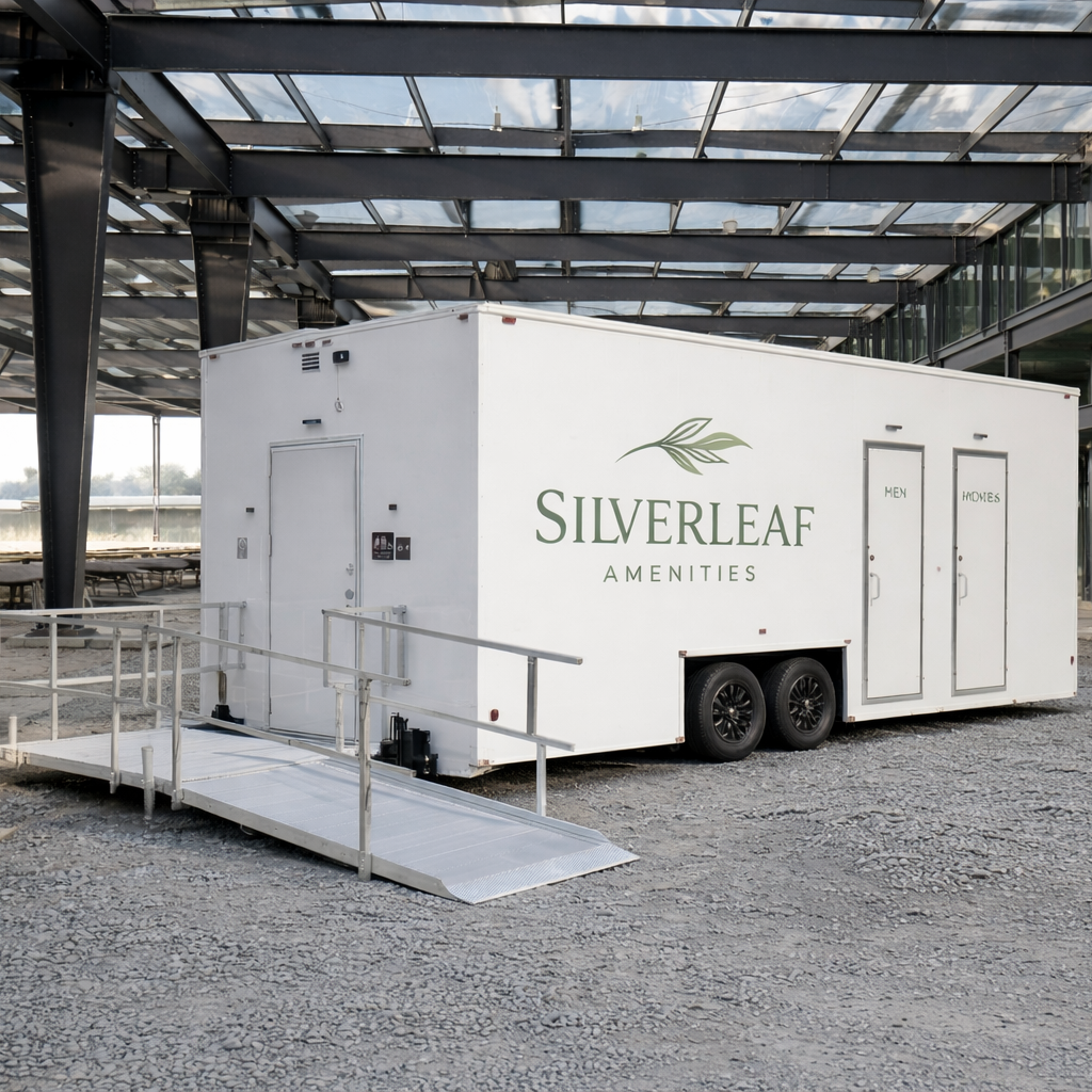 Modern construction site with restroom trailer